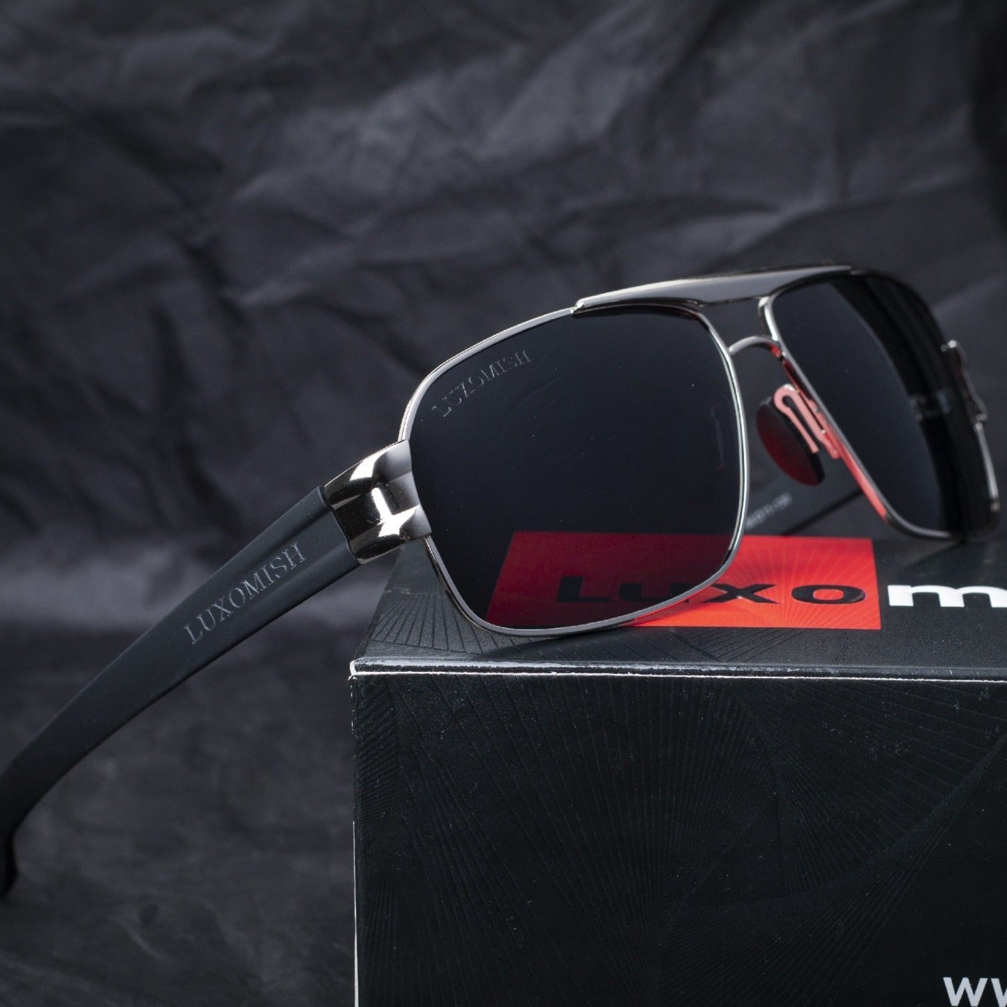 Luxomish Apex Polarized Silver Frame Black Lens Rectangular Sunglasses