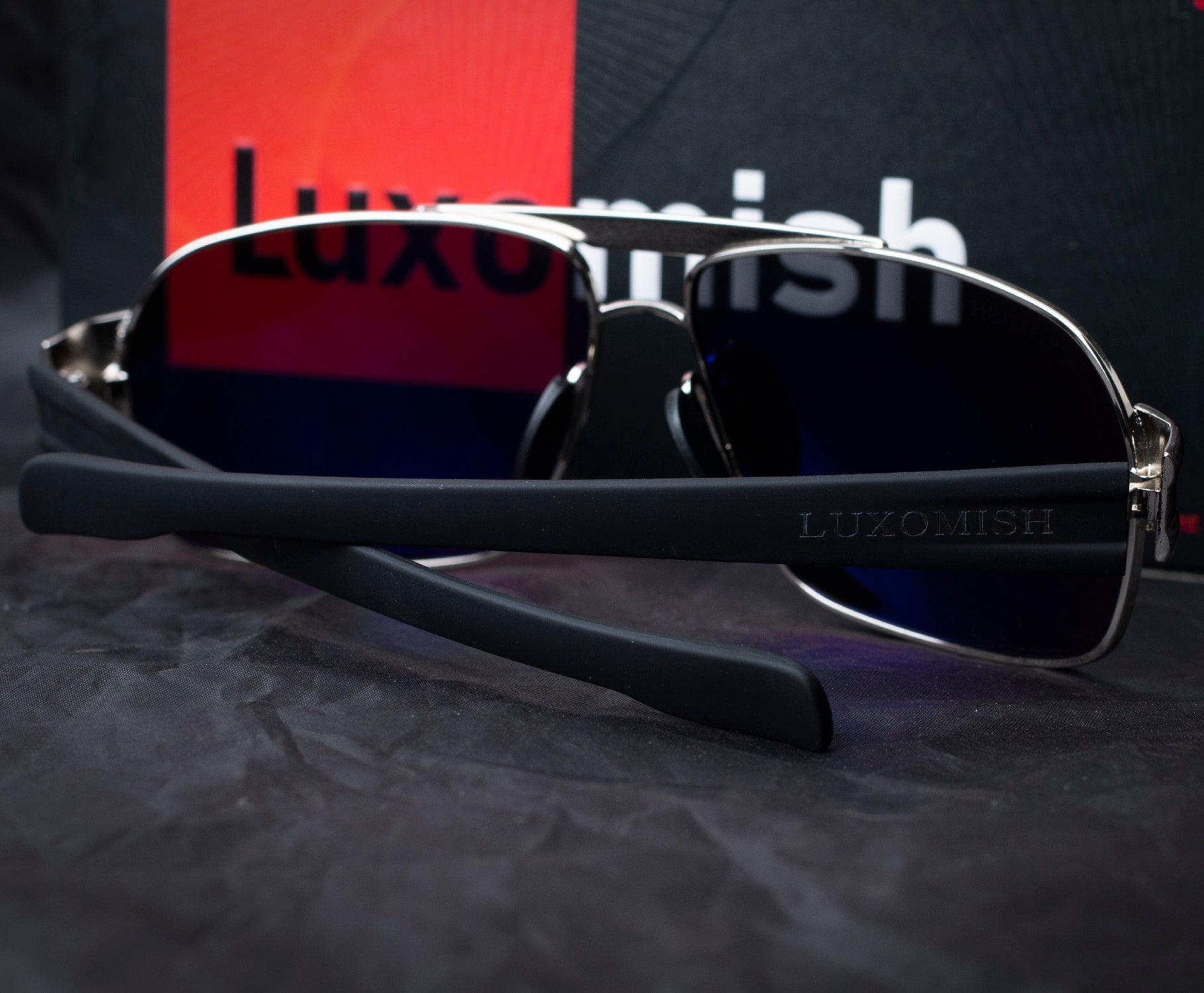 Luxomish Apex Polarized Silver Frame Black Lens Rectangular Sunglasses