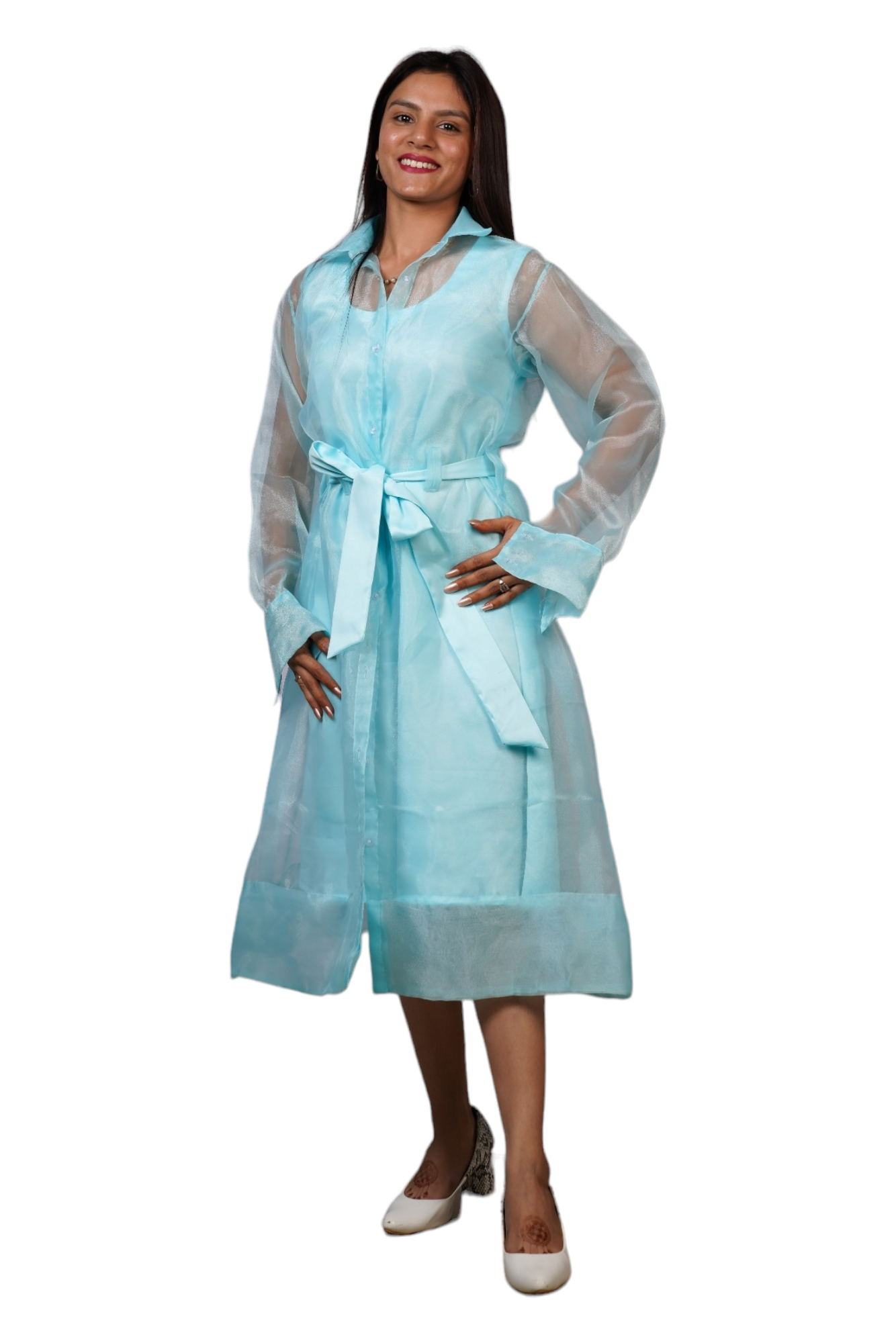 Organza long jacket overlay with inner & belt