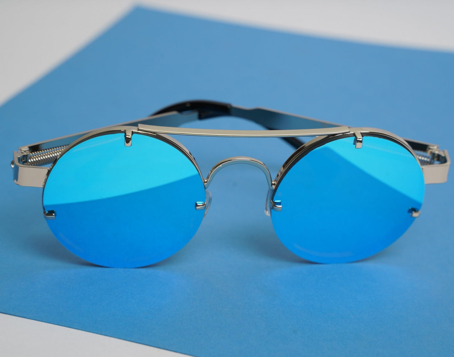 Luxomish Frameless Silver Frame Blue Lens Steampunk Round Sunglasses