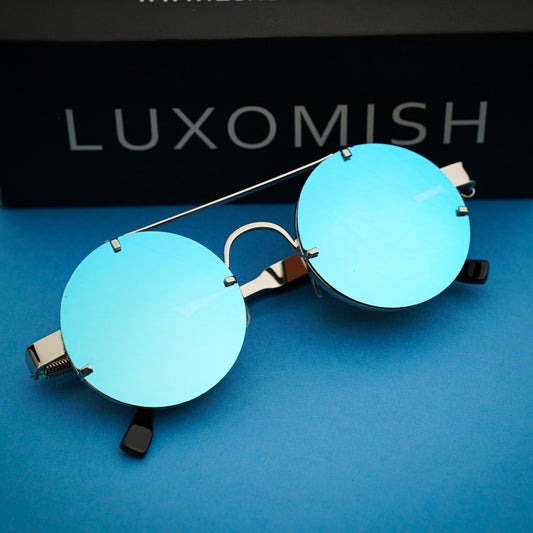 Luxomish Frameless Silver Frame Blue Lens Steampunk Round Sunglasses