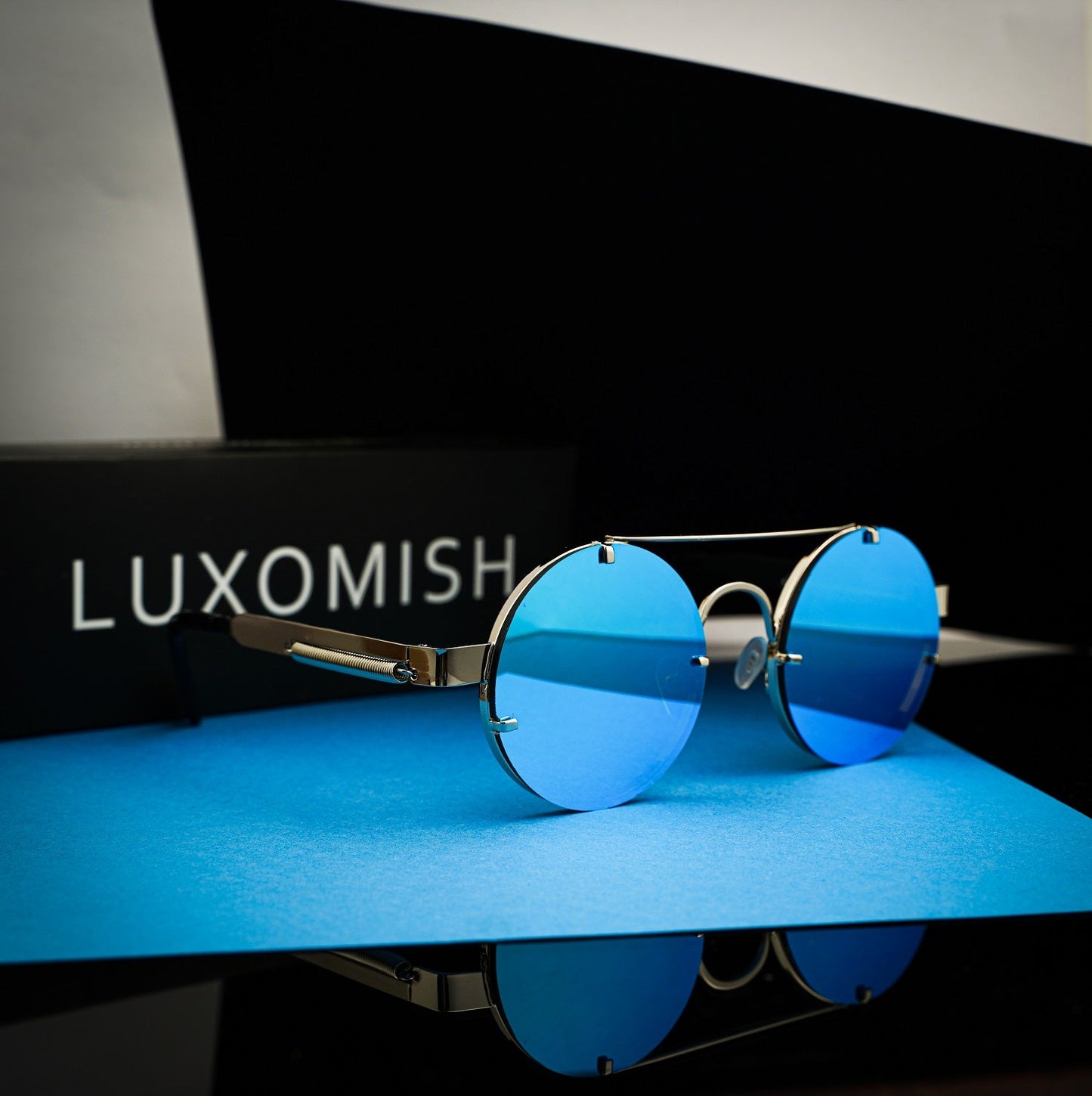 Luxomish Frameless Silver Frame Blue Lens Steampunk Round Sunglasses