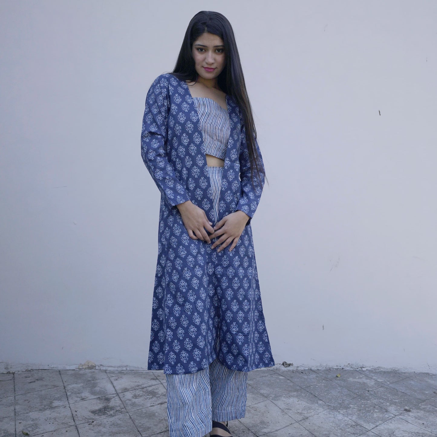 Blue Printed Three- Piece Set for Women