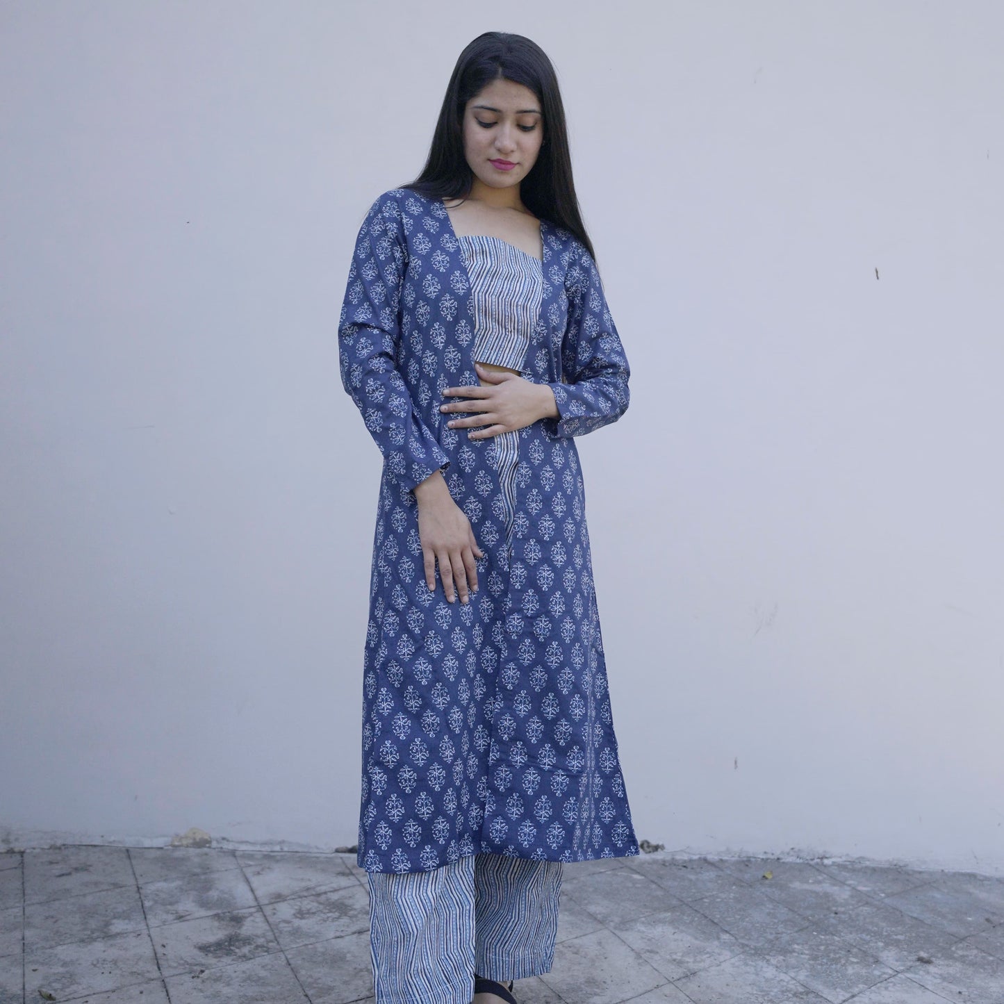 Blue Printed Three- Piece Set for Women