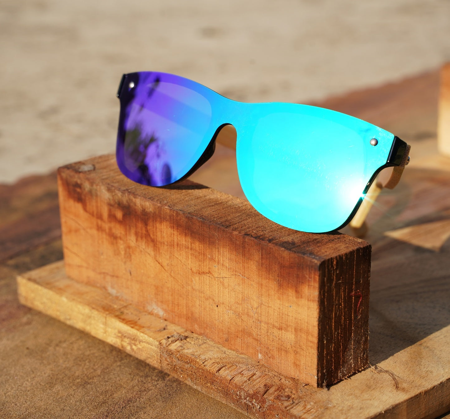 Handmade Frameless Wooden Sunglasses - Blue