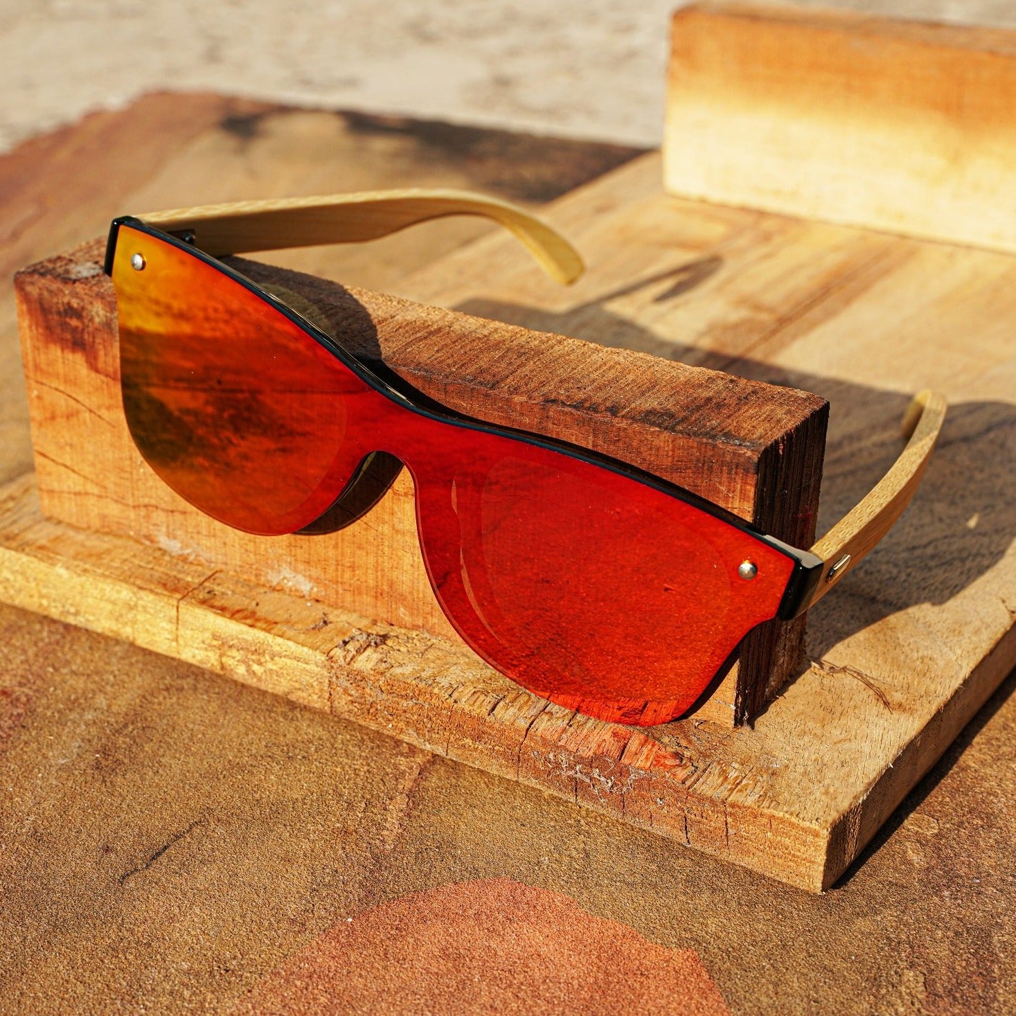 Handmade Frameless Wooden Sunglasses - Red