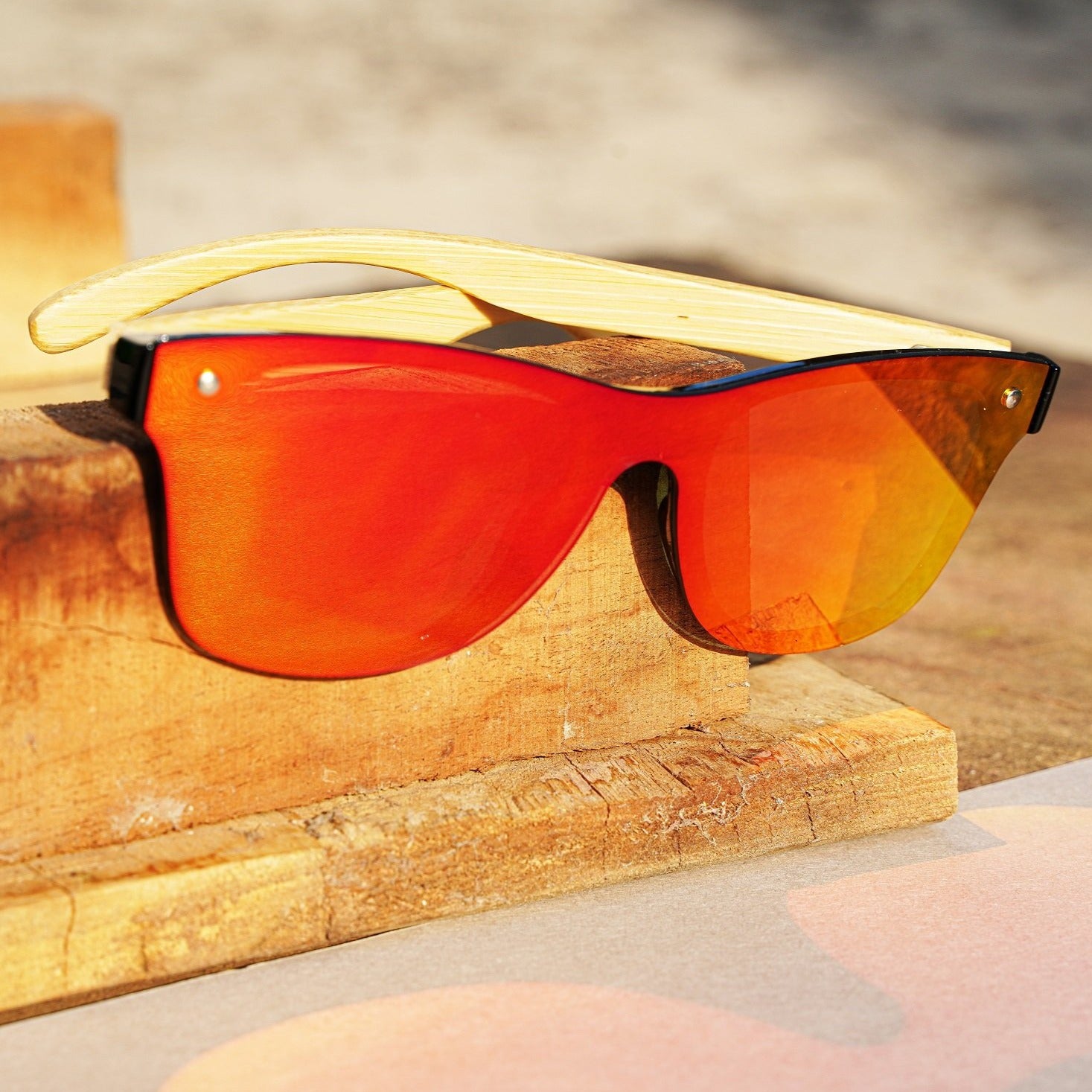 Handmade Frameless Wooden Sunglasses - Red