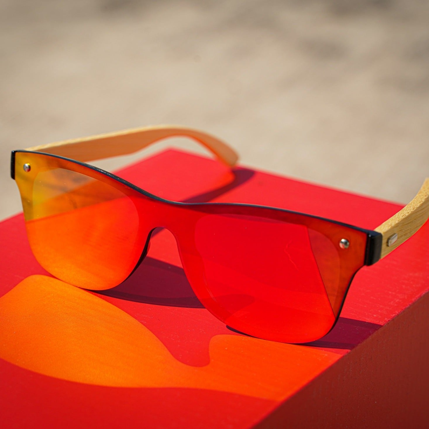 Handmade Frameless Wooden Sunglasses - Red
