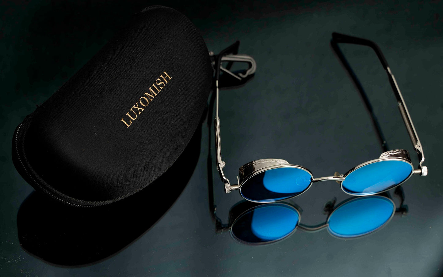 Steampunk Round Sunglasses - Silver Blue