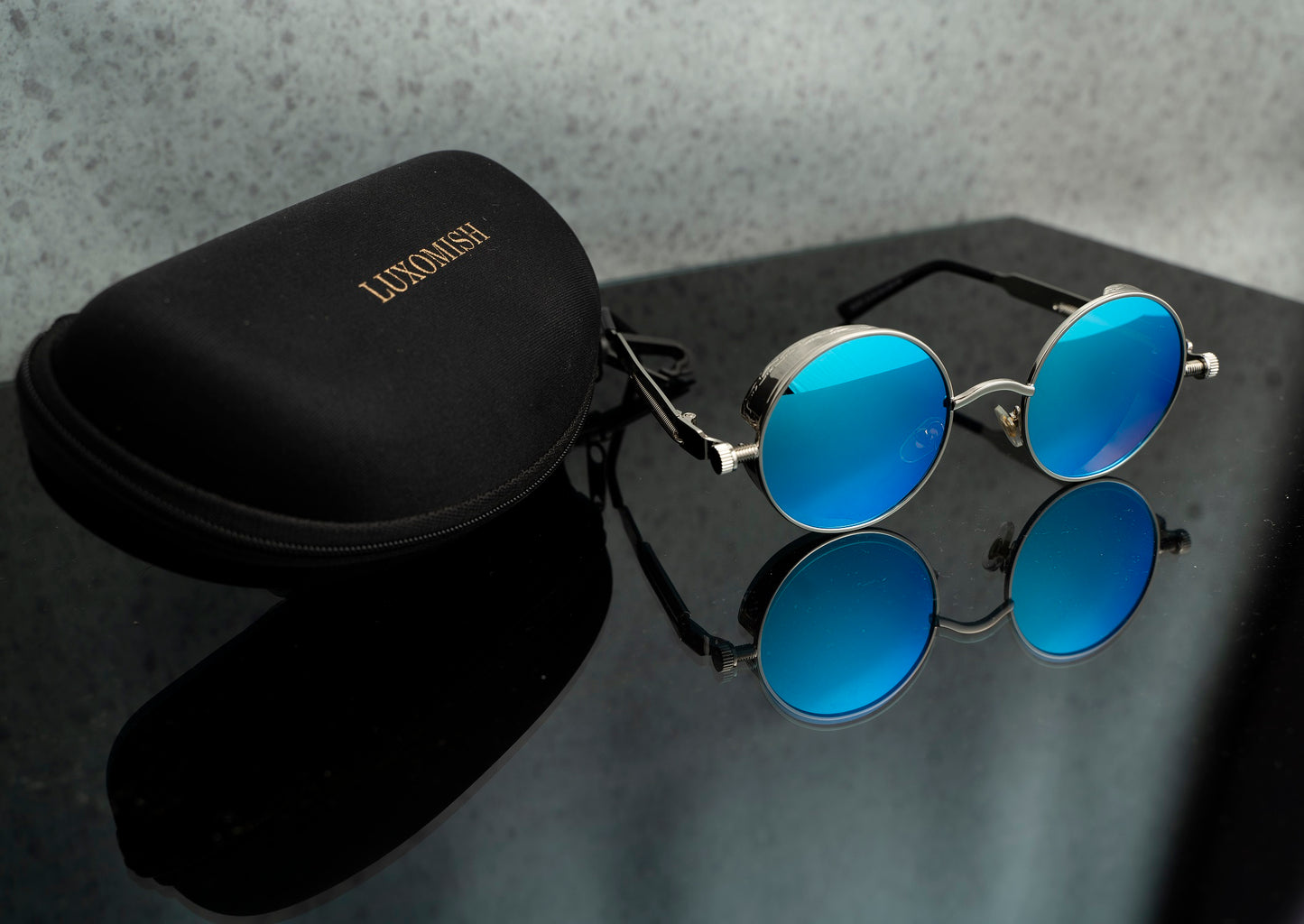 Steampunk Round Sunglasses - Silver Blue